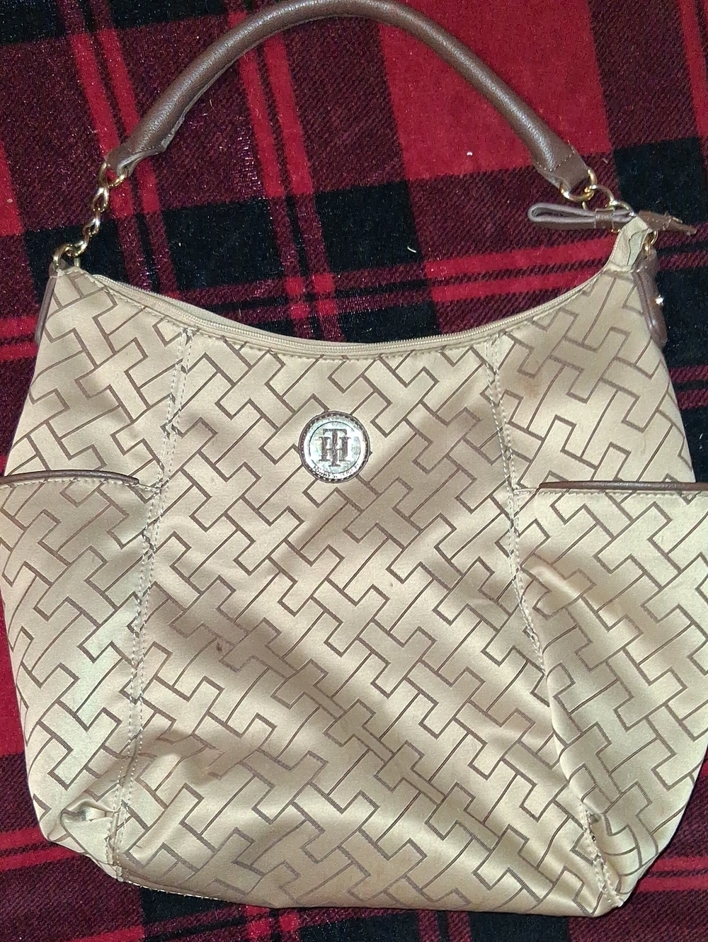 Tommy Hilfiger Tan Beige Monogram Shoulder Bag